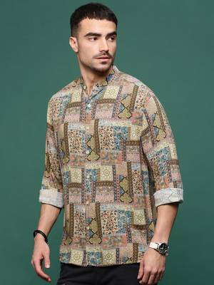 men's brown ethnic motifs slim fit shirt 3