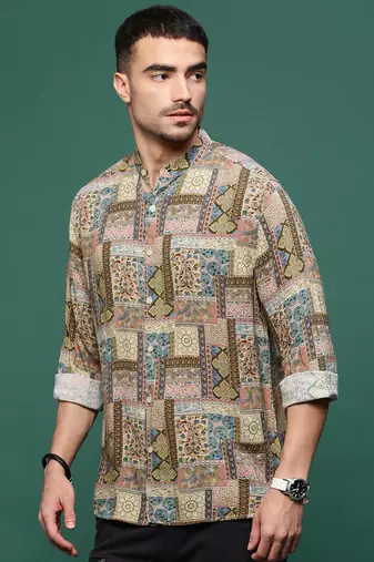 men's brown ethnic motifs slim fit shirt