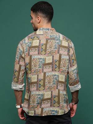 men's brown ethnic motifs slim fit shirt 4