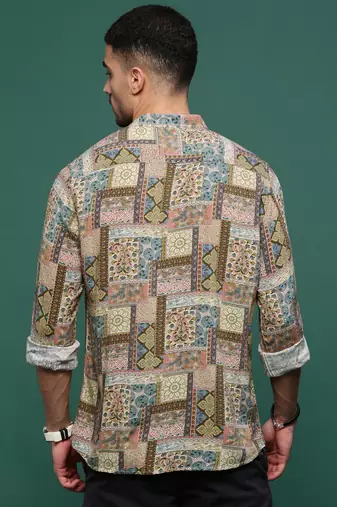 men's brown ethnic motifs slim fit shirt