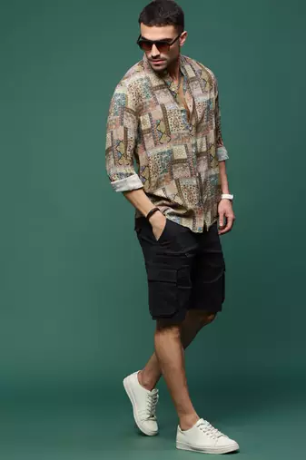 men's brown ethnic motifs slim fit shirt