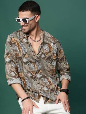 men's olive floral slim fit shirt 1