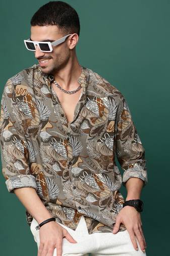 men's olive floral slim fit shirt