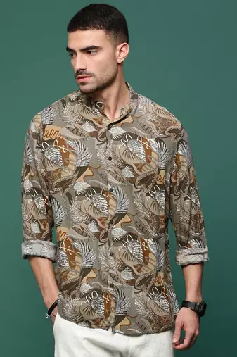 men's olive floral slim fit shirt
