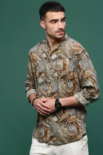 men's olive floral slim fit shirt