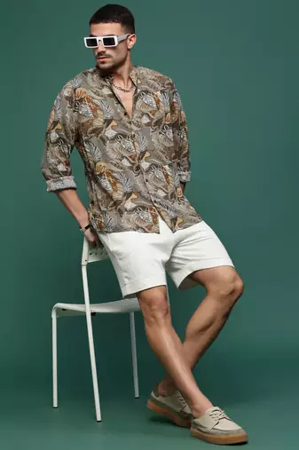 men's olive floral slim fit shirt