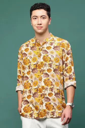 men's orange floral slim fit shirt