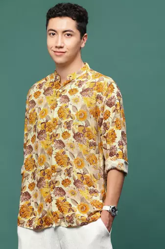 men's orange floral slim fit shirt