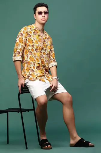 men's orange floral slim fit shirt