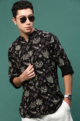 men's black floral slim fit shirt