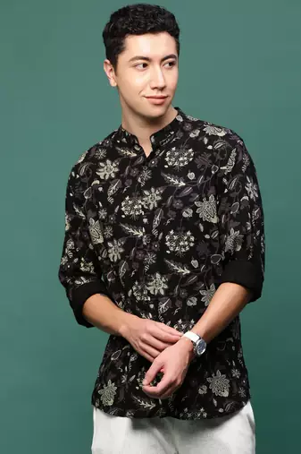 men's black floral slim fit shirt