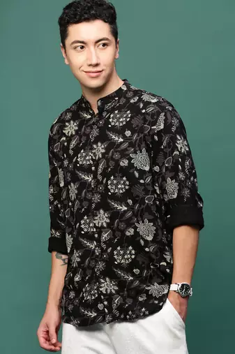 men's black floral slim fit shirt