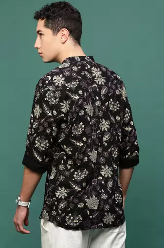 men's black floral slim fit shirt