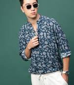 men's teal ethnic motifs slim fit shirt