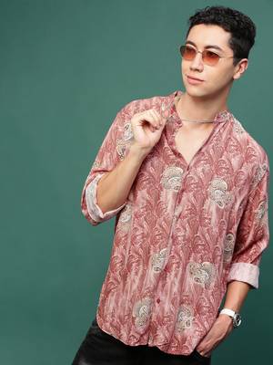 men's peach ethnic motifs slim fit shirt 1