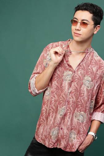men's peach ethnic motifs slim fit shirt