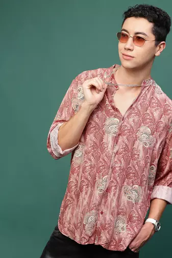 men's peach ethnic motifs slim fit shirt