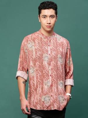 men's peach ethnic motifs slim fit shirt 2