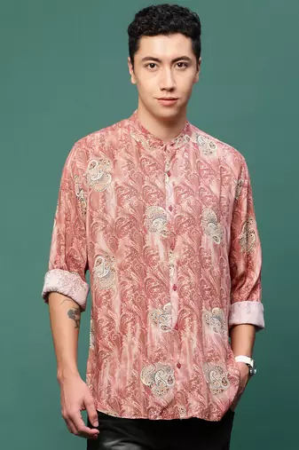 men's peach ethnic motifs slim fit shirt