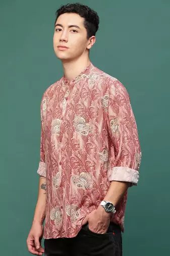 men's peach ethnic motifs slim fit shirt
