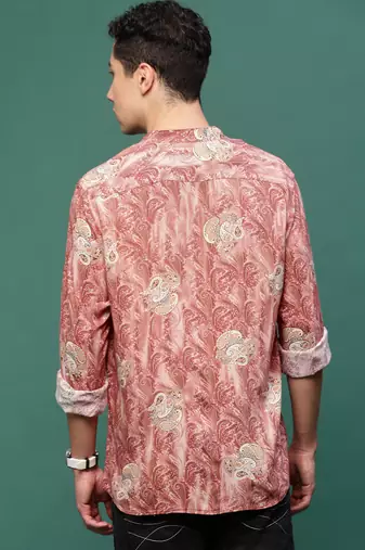 men's peach ethnic motifs slim fit shirt