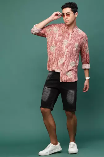 men's peach ethnic motifs slim fit shirt
