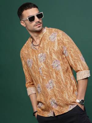 men's mustard ethnic motifs slim fit shirt 1