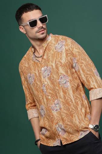 men's mustard ethnic motifs slim fit shirt