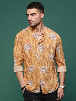 men's mustard ethnic motifs slim fit shirt 2
