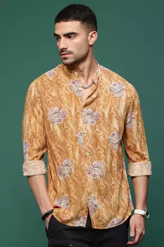 men's mustard ethnic motifs slim fit shirt