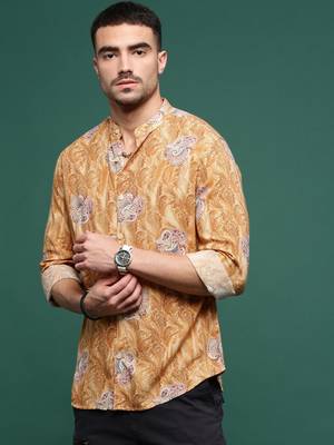 men's mustard ethnic motifs slim fit shirt 3