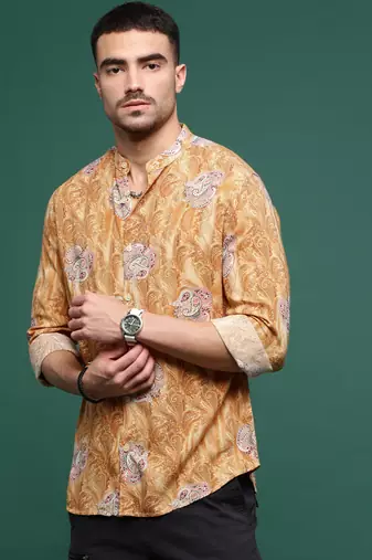 men's mustard ethnic motifs slim fit shirt