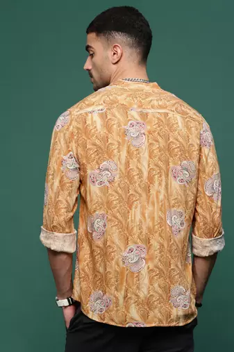 men's mustard ethnic motifs slim fit shirt