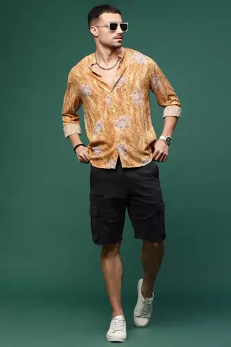 men's mustard ethnic motifs slim fit shirt