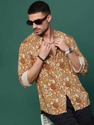 men's mustard ethnic motifs slim fit shirt 1