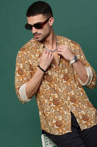 men's mustard ethnic motifs slim fit shirt