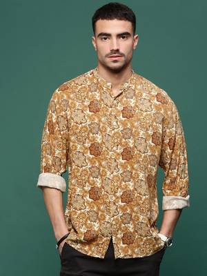 men's mustard ethnic motifs slim fit shirt 2