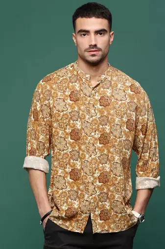 men's mustard ethnic motifs slim fit shirt