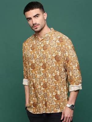 men's mustard ethnic motifs slim fit shirt 3