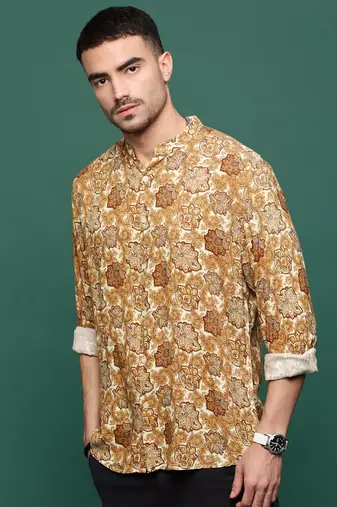 men's mustard ethnic motifs slim fit shirt
