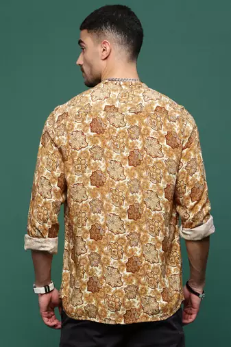 men's mustard ethnic motifs slim fit shirt