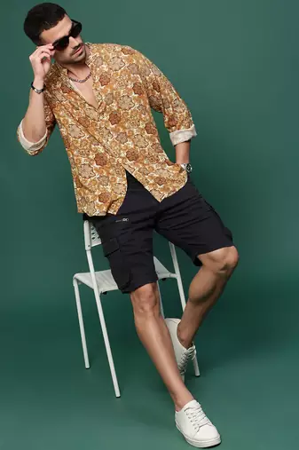 men's mustard ethnic motifs slim fit shirt