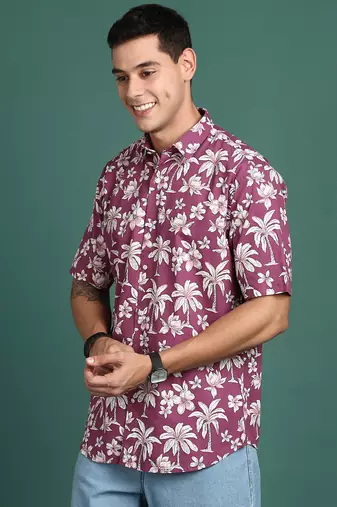 men's floral pink slim fit shirt