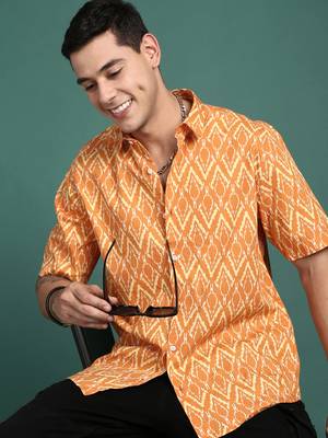 men's abstract orange slim fit shirt 1