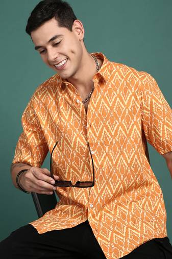 men's abstract orange slim fit shirt