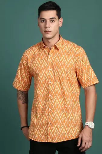 men's abstract orange slim fit shirt