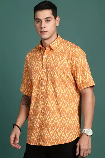 men's abstract orange slim fit shirt