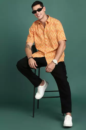 men's abstract orange slim fit shirt