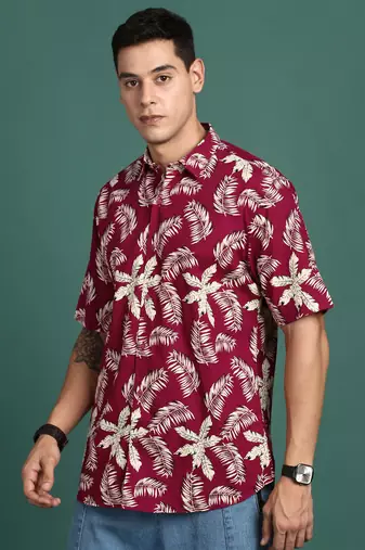 men's floral maroon slim fit shirt