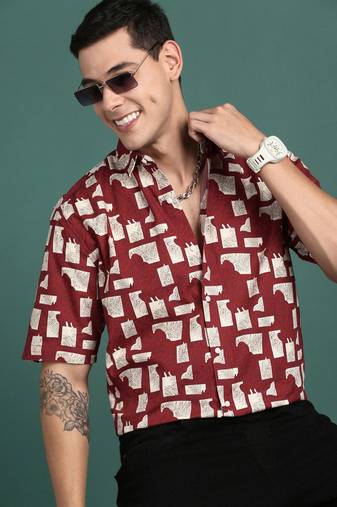 men's floral maroon slim fit shirt